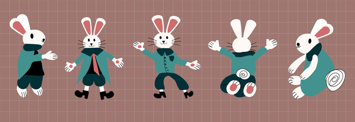 The cute little rabbit has 5 characters, 5 styles in the Happy Easter concept. On a brown background with a straight line contrasting Illustration - vector