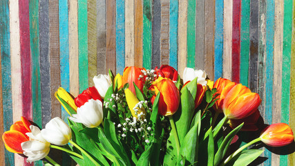 sfondo colorato bello a righe con bouquet di tulipani