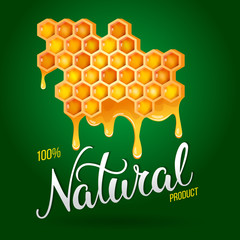 Honeycomb with flowing honey and original hand lettering Natural