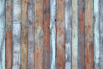 Wooden wall texture, old painted multicolored wood boards. Weathered panels with nails and knots...