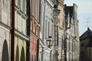 The detail of the street full of old colorful historical houses. 