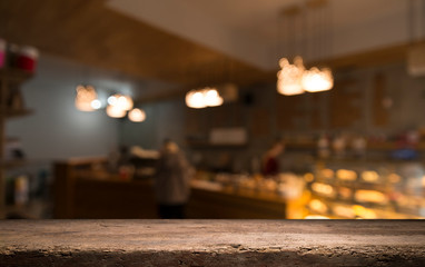 blurred background of bar and dark brown desk space of retro wood