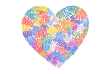Color pencil drawing heart shape. Isolated on white.