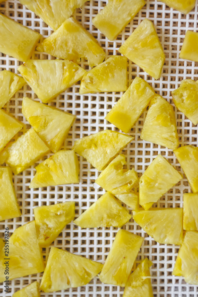 Wall mural chopped pineapple in a dehydrator dryer, close-up. View from above.