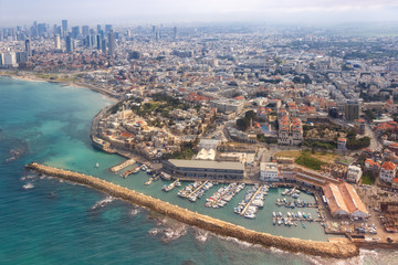 Fototapeta premium Tel Aviv Jaffa Altstadt Hafen Skyline Israel Strand Stadt Meer Luftbild Hochhäuser