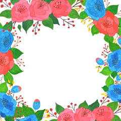Frame of vintage floral gouache bouquet of rose. Flowers decoration pattern