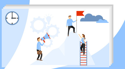Business leader vector concept with businessman planting flag on top of mountain. Prepare a business project start up. Rise of the career to success.