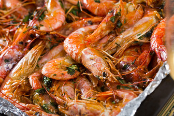 Appetizing baked shrimps