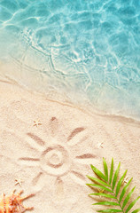 Summer background with green palm leaf and shell. Beach texture. Copy space. - 255201225