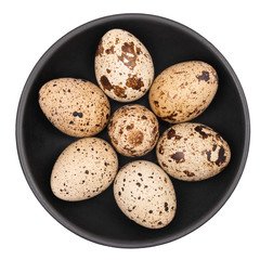 Quail eggs in a black plate isolated on white background.