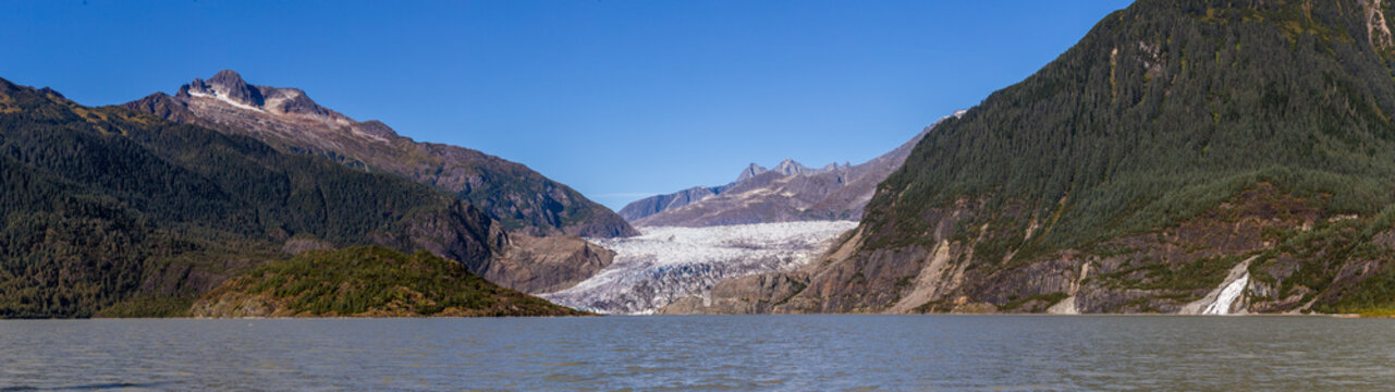 View of the Mendenhall Glacier from the Mendenhall Glacier Visitor Centre near Juneau, Alaska