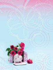 Pet. Little rat and roses on a delicate pink and blue background.