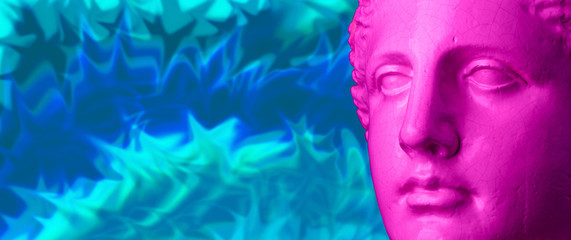 Purple pink antique sculpture on a retro vaporwave background. Contemporary art collage.