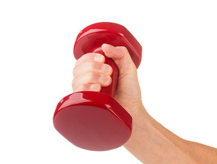 Hand with red dumbbell on white background
