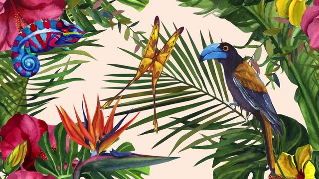 Jungle Madagascar. Exotic Bird, Chameleon and Butterfly. Watercolor tropical wildlife. Hand drawn jungle nature, illustration