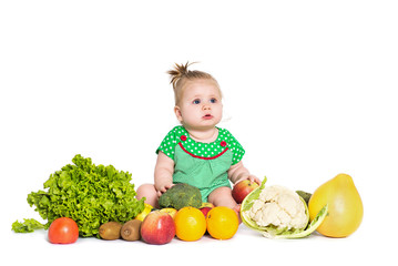 Baby girl sitting surrounded by fruits and vegetables, isolated on white