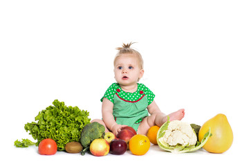 Fototapeta na wymiar Baby girl sitting surrounded by fruits and vegetables, isolated on white