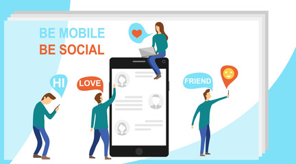 Social Media Communication Technology Characters Landing Page Template. Man chatting with woman on the Internet on abstract background