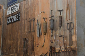 Mechanical workshop and old rusty tools on board