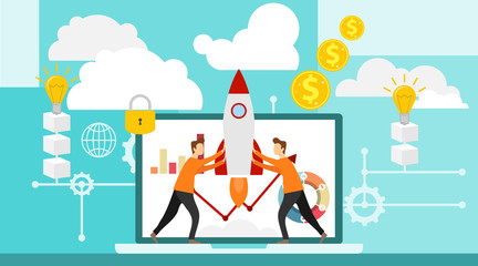 Promotion of a startup. Teamwork people promote a startup by standing on a laptop. The concept of business promotion.