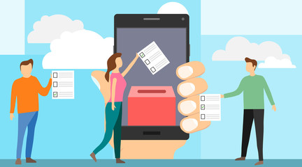 Voting online concept. Online voting mini people concept flat vector illustration with smartphone screen,voting box and voters making decisions.