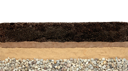 Soil layers: humus, clay, sand and stones isolated on white background. Cross section soil layers.