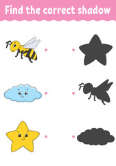 Find the correct shadow. Draw a line. Education developing worksheet. Game for kids. Activity page. Puzzle for children. Riddle for preschool. Isolated vector illustration. Cartoon style.