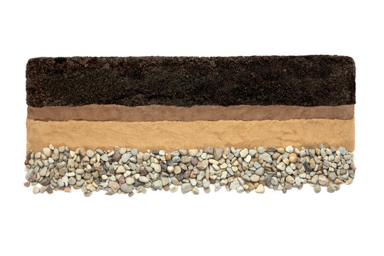Soil layers: humus, clay, sand and stones isolated on white background. Cross section soil layers.