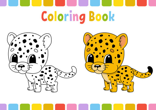 Cheetah. Coloring book for kids. Cheerful character. Vector illustration. Cute cartoon style. Hand drawn. Fantasy page for children. Isolated on white background.