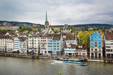 Zurich panorama view, beautiful cityscape on rainy day. Switzerland. 