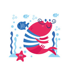 Vector card with sea animals: shrimp, star, fish. Marine theme design. Illustration for clothes, anniversary, birthday, party invitations, scrapbooking, cards and sticker