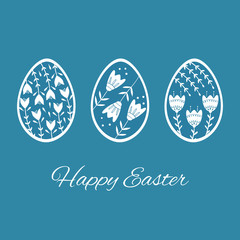 Set of Easter eggs with floral and plant ornamental. Folk style collection, laconic vector graphic Scandinavian style. Blue color. Holiday card celebration design