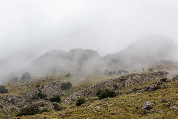 Die Felsen auf dem Weg nach Torrent de Pareis werden vom Nebel eingeschlossen