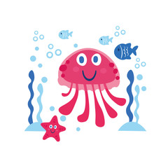 Vector card with sea animals: star, fish, jellyfish. Marine theme design. Illustration for clothes, anniversary, birthday, party invitations, scrapbooking, cards and sticker