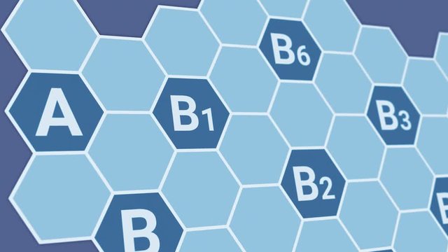 hexagon grid with vitamins name, concept of science and medicine (3d render)