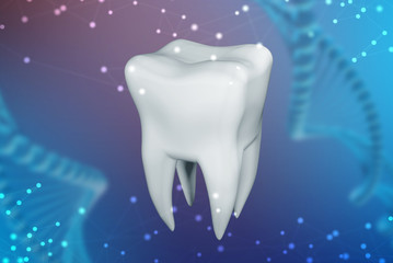3d illustration of a human tooth on a blue abstract background. Concept of technology in dentistry