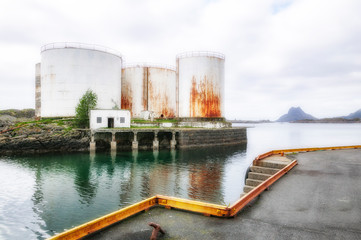 whale oil tanks in the harbour of Stamsund, northern Norway, Scandinavia