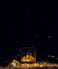 Isolated shot of whiskey on wooden background