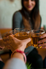 Happy friends group drinking beer at brewery bar restaurant