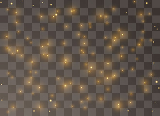 Glittering yellow particles of fairy dust. Sparks glitter special light effect. Vector sparkles on transparent background