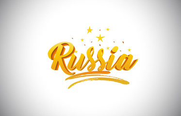 Russia Golden Yellow Word Text with Handwritten Gold Vibrant Colors Vector Illustration.