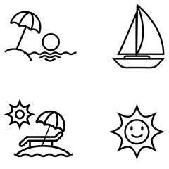 Set of Summer icon. umbrella on island, boat, palmtree on island, ice cream cup.