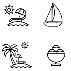 Set of Summer icon. umbrella on island, boat, palmtree on island, ice cream cup.
