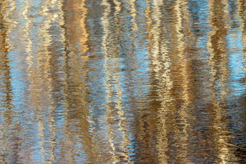 Blurred water reflections of autumn trees with waves and ripples. Abstract pattern artistic background.