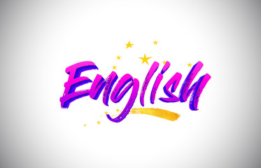 English Purple Violet Word Text with Handwritten Vibrant Colors and Stars Confetti Vector.