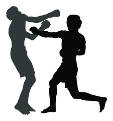 Fototapeta na wymiar Two mma fighters vector silhouette illustration isolated on white background. Multi martial arts competition. wrestling, ancient skill. Heroes in ring, octagon, battle fight. Fighting in ring.