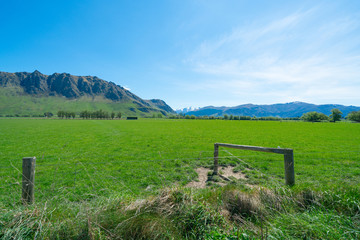 Fototapeta na wymiar Distant mountain s beyond emerald green South Island pasture