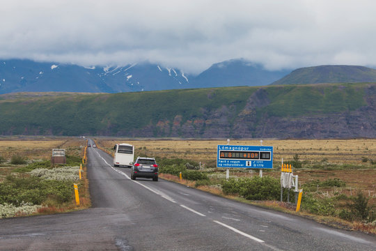 Board with road information in Iceland at summer
