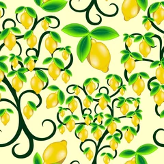 Papier Peint photo Dessiner Lemon Tree Summer Juicy Fruit Seamless Pattern Vector Design