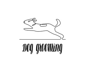 Dog grooming handwritten lettering with jumping dog in line style